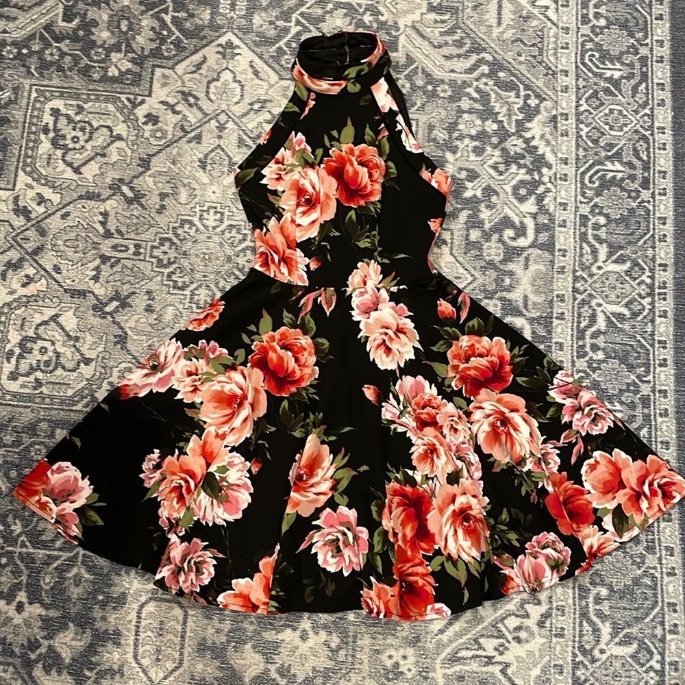 B Darlin Skater Dress, Black with Pink Peony Print